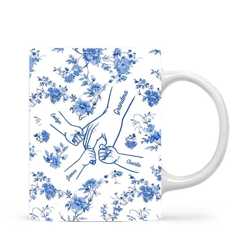 Mom & Kids Hands Holding Outline Chinoiseries Pattern Personalized Mug
