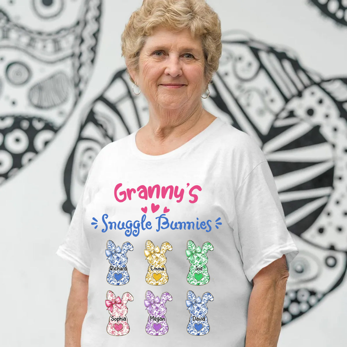 Grandmas Snuggle Bunnies Ribbon Easter Day - Personalized Pure Cotton T-Shirt
