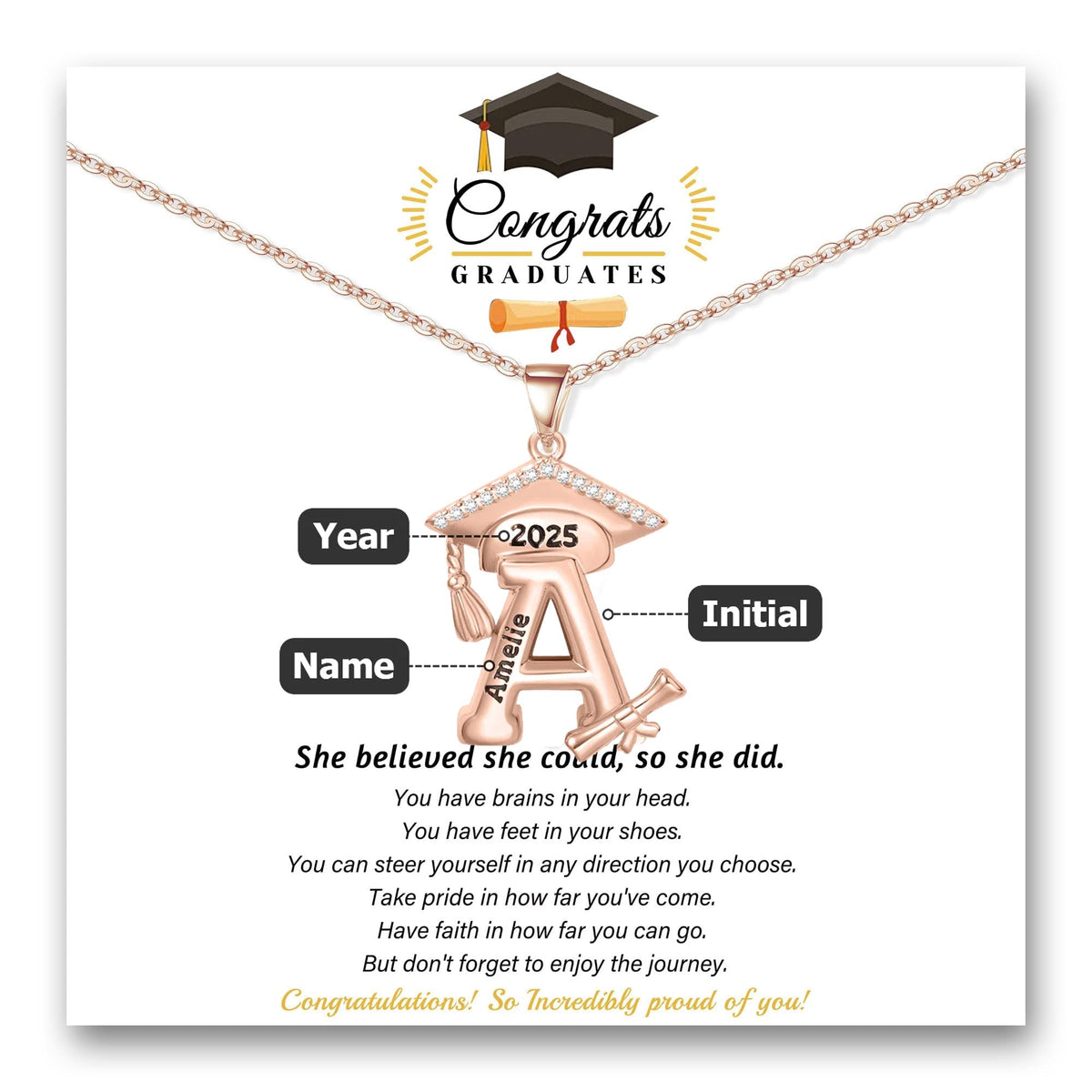 Engraved Name Personalized Bachelor Hat Graduation Initial Necklace