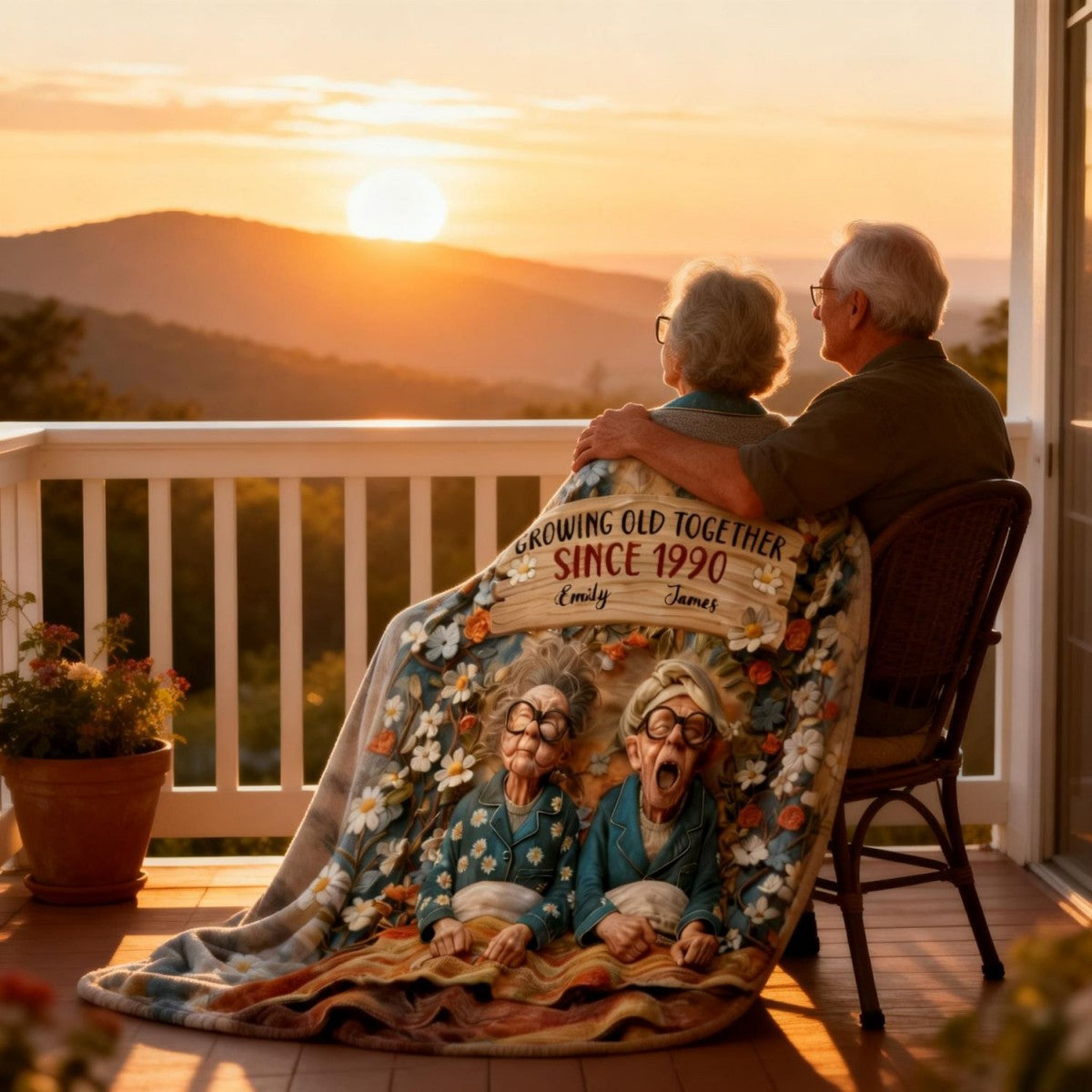 Growing Old Together, Elderly Couple And Flowers, Personalized Blanket, Gift For Couples And Grandparents