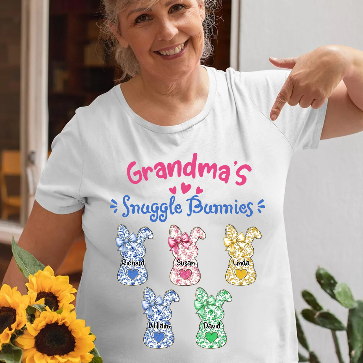 Grandmas Snuggle Bunnies Ribbon Easter Day - Personalized Pure Cotton T-Shirt