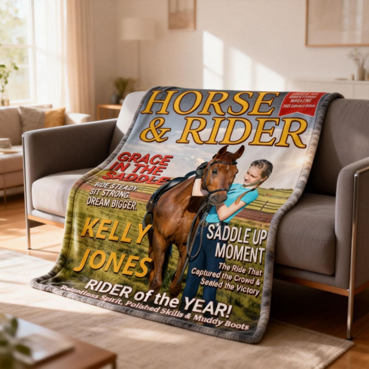 Born To Ride Custom Photo HORSE & RIDER Magazine Cover Personalized Blanket Gift for Horse Lovers