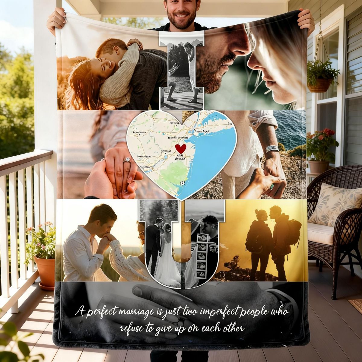 I Love You - Custom Map Photo Collage Blanket Personalized Couple Anniversary Wedding Gift