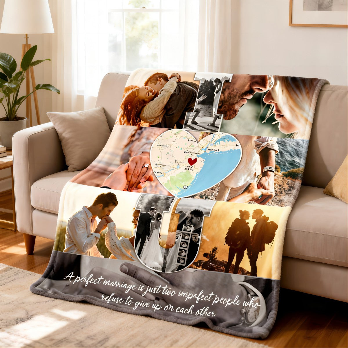 I Love You - Custom Map Photo Collage Blanket Personalized Couple Anniversary Wedding Gift