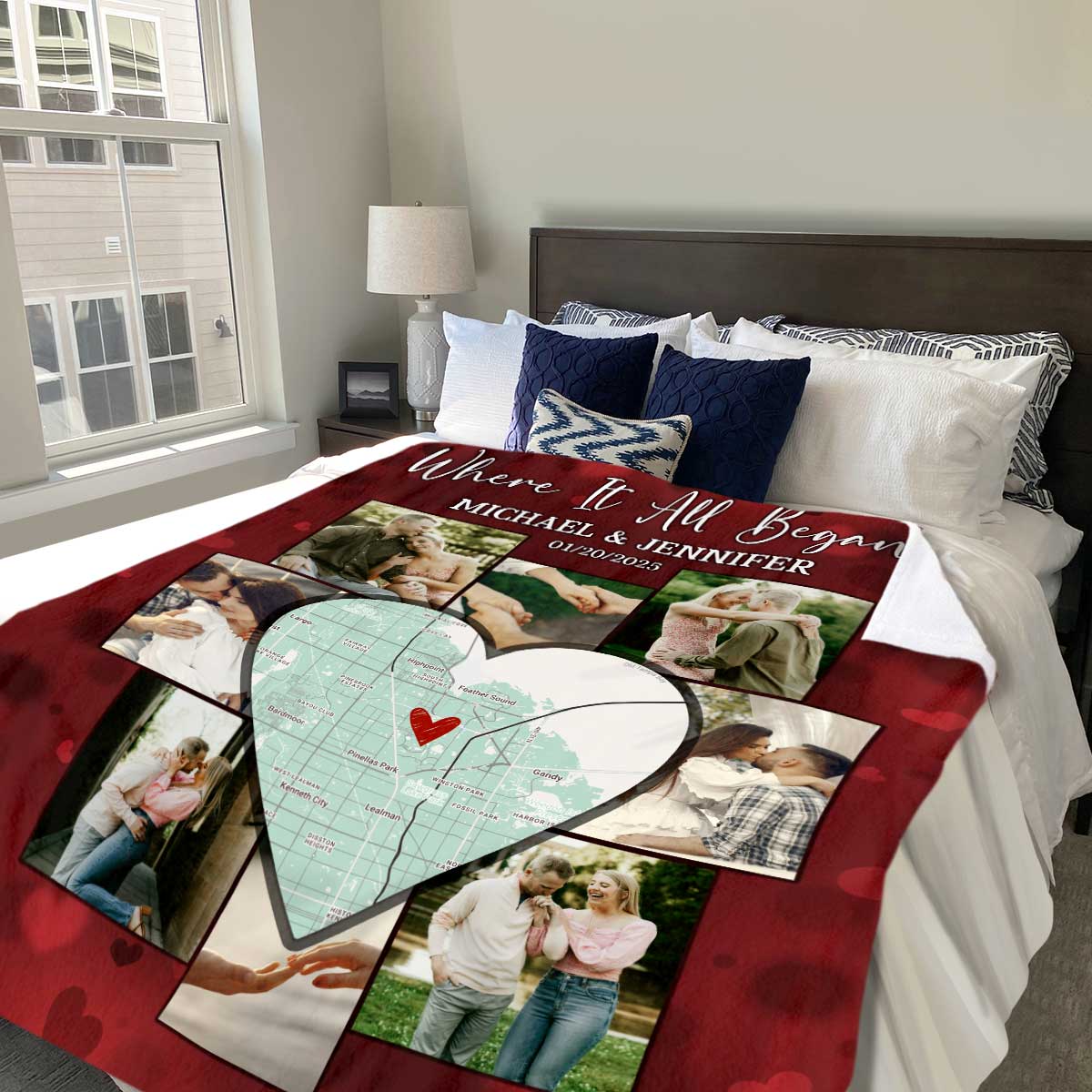 Custom Picture Collage Blanket With Location Map, Personalized Where It All Began Gift, Blankets For Couples
