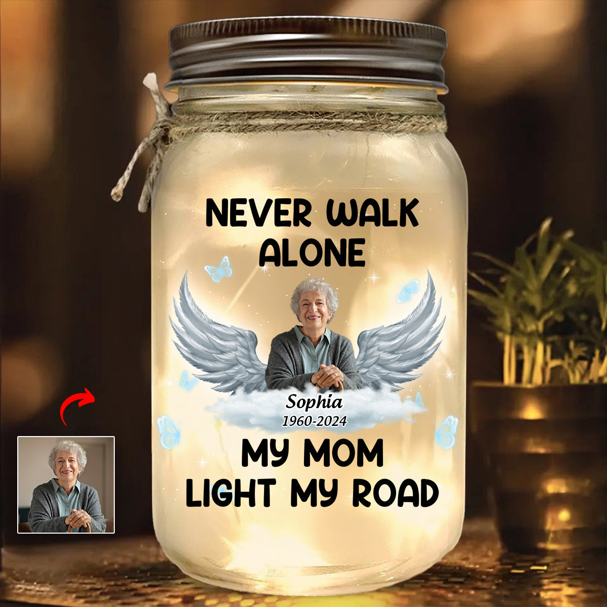 Personalized Never Walk Alone Memorial Mason Jar Light