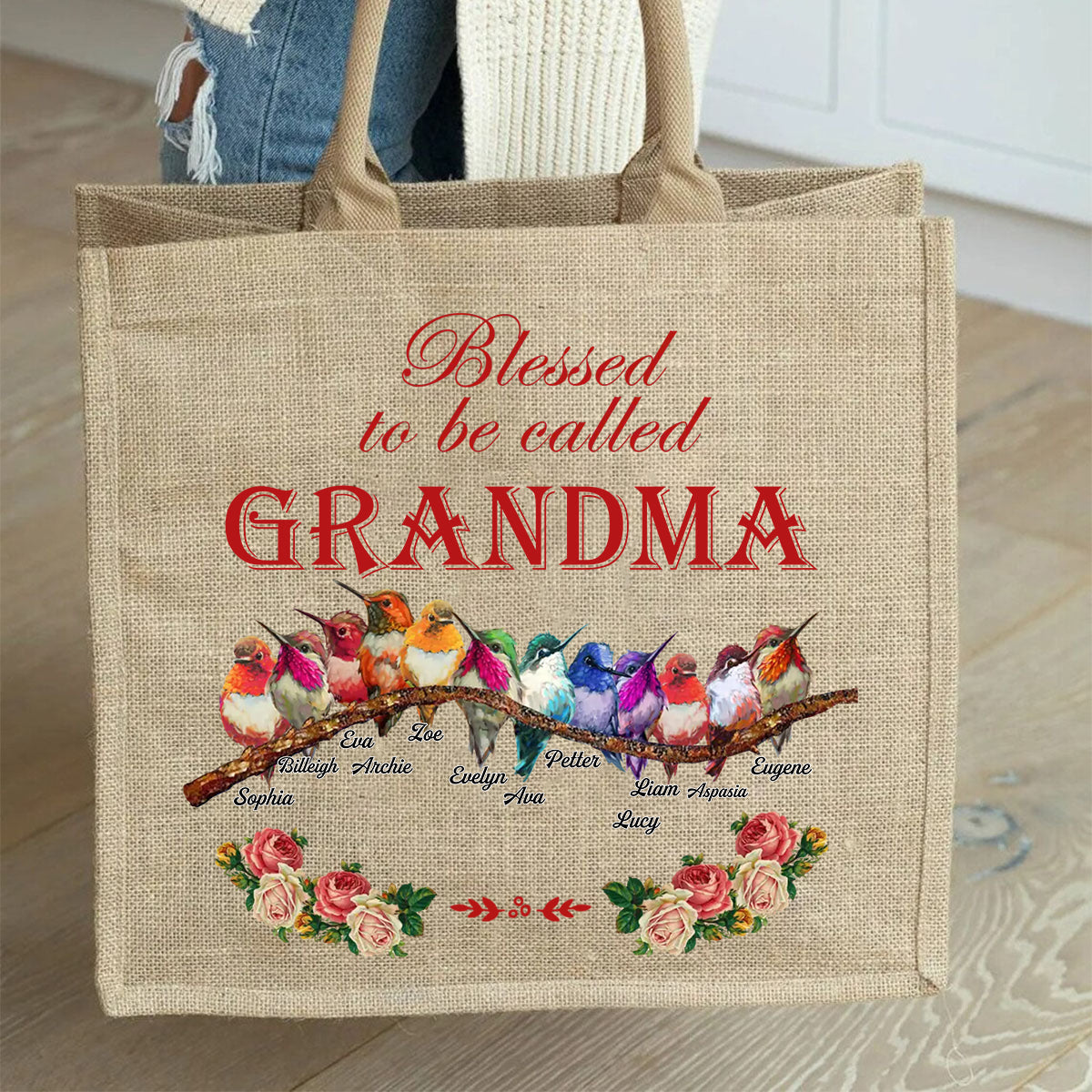 Personalized Blessed Bird Grandma Kids Flower Jute Tote Bag