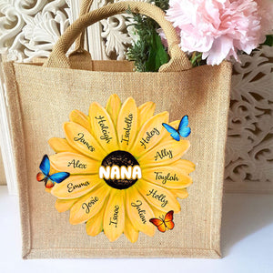 Personalized Grandma/Mom With Kids Name Flower Jute Tote Bag