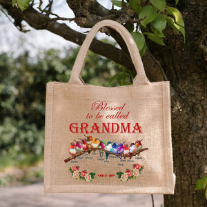 Personalized Blessed Bird Grandma Kids Flower Jute Tote Bag