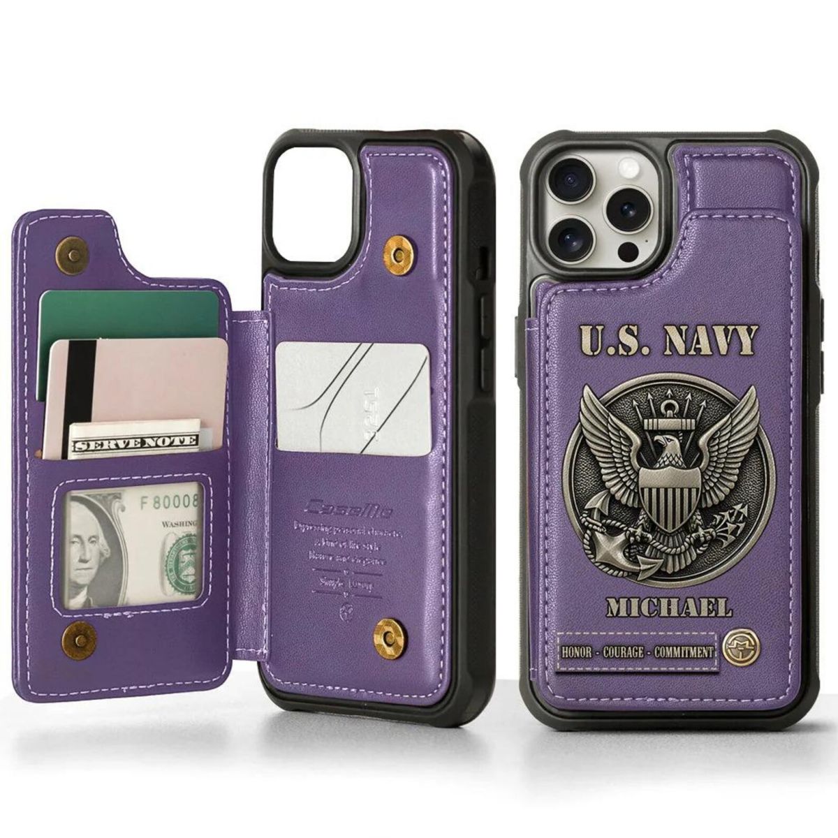 Personalized US Navy Leather Wallet Phone Case, Military Card Slots Phone Cover, Gift for Veterans, Gift for Dad Grandpa