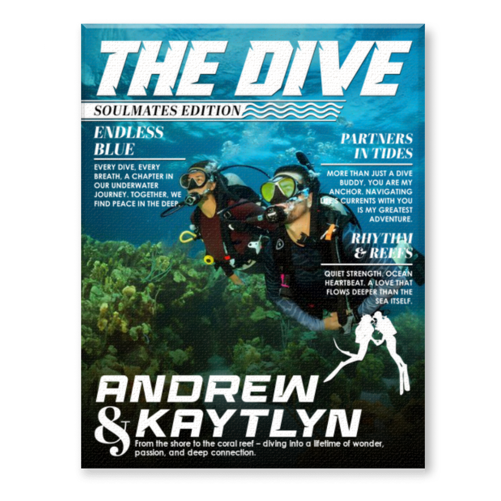 Custom Scuba Diver Couple Magazine Cover Canvas, Scuba Diving Magazine Cover, Ocean Lover Canvas Wall Art, Scuba Diving Soulmates Sign