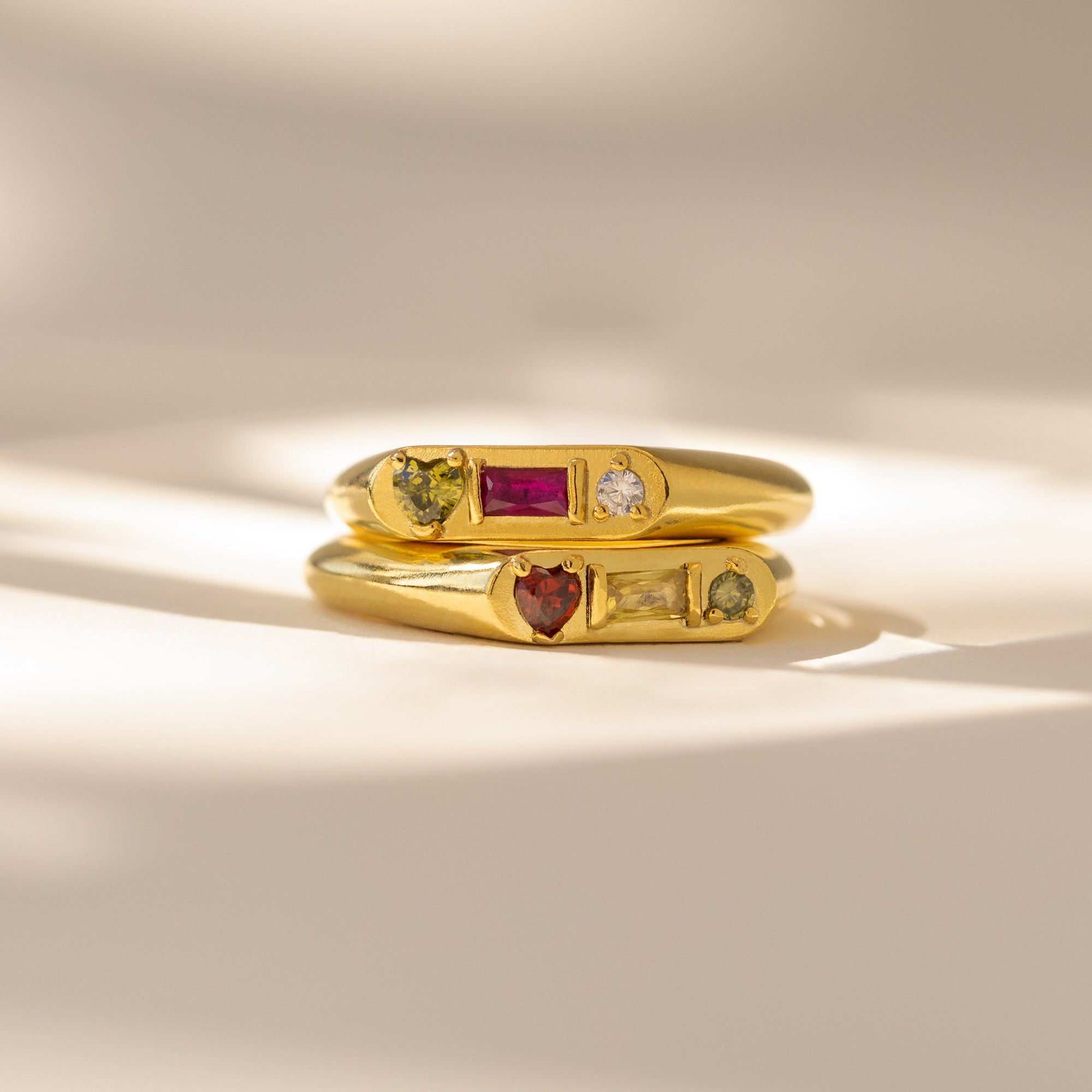 Personalized Gemstone Signet Ring • Birthstone Ring with Heart, Baguette & Circle Birthstones