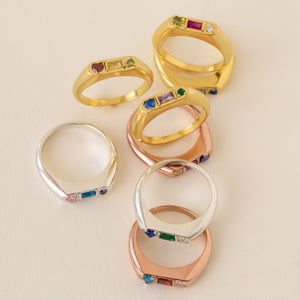 Personalized Gemstone Signet Ring • Birthstone Ring with Heart, Baguette & Circle Birthstones