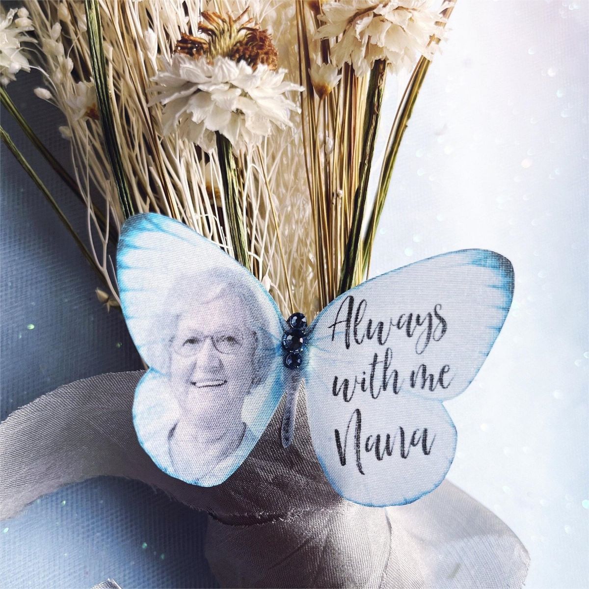 Personalized Silk Butterfly Memorial Brooch Pin with Words Photo and Crystal