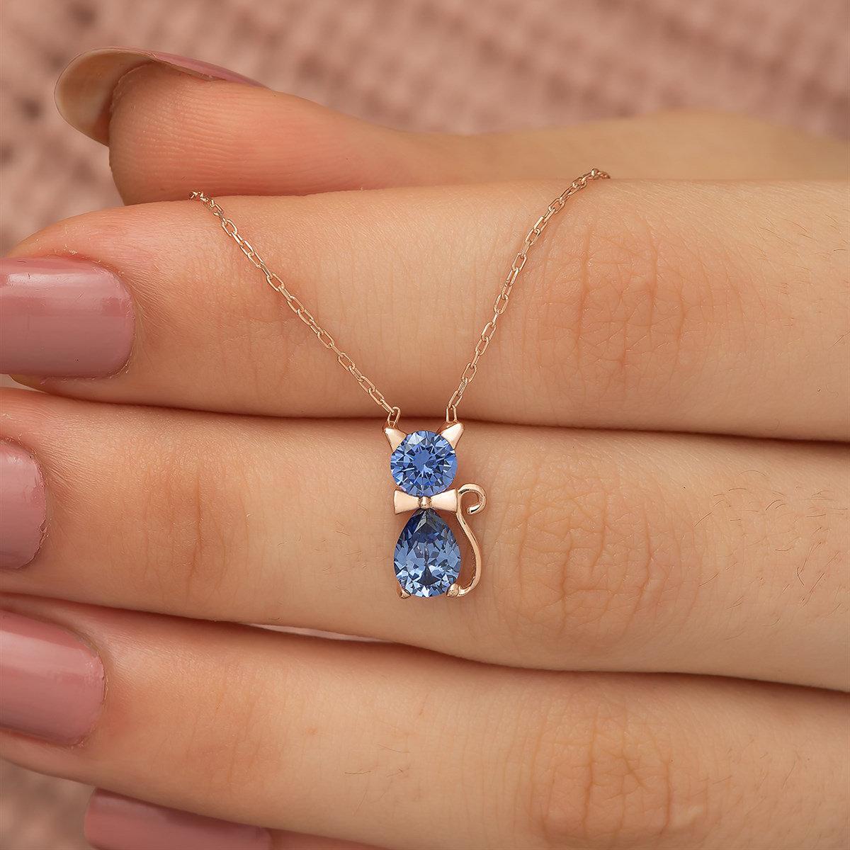 Custom Birthstone Cat Necklace for Women,Kitten Necklace, Gift for Cat Lovers