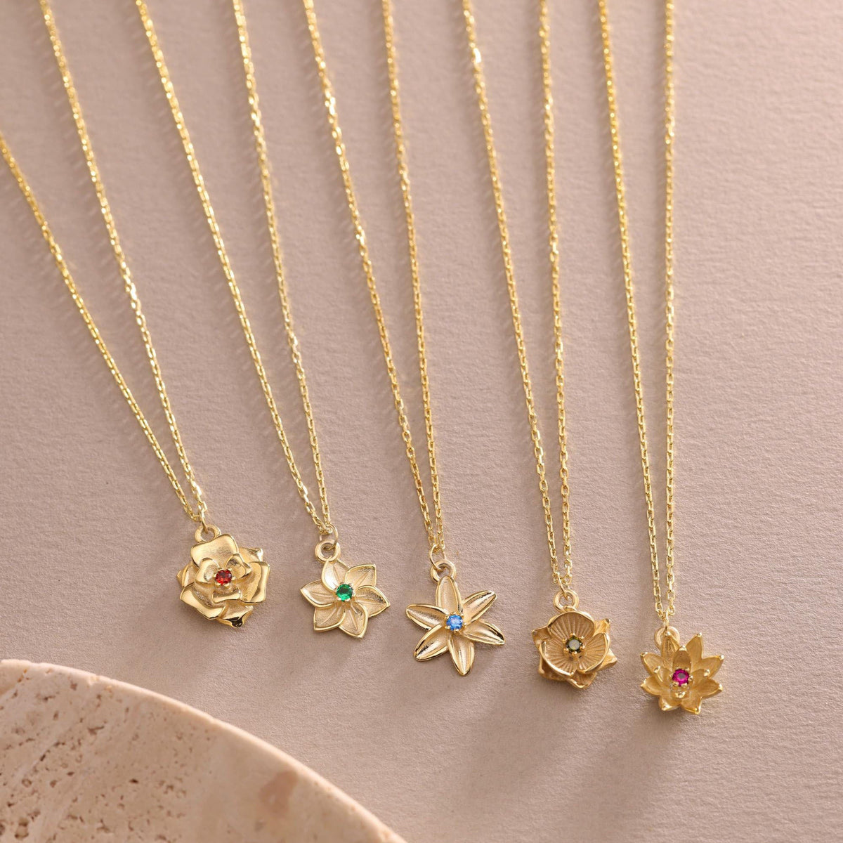 Gold Birth Flower Necklace with Birthstone