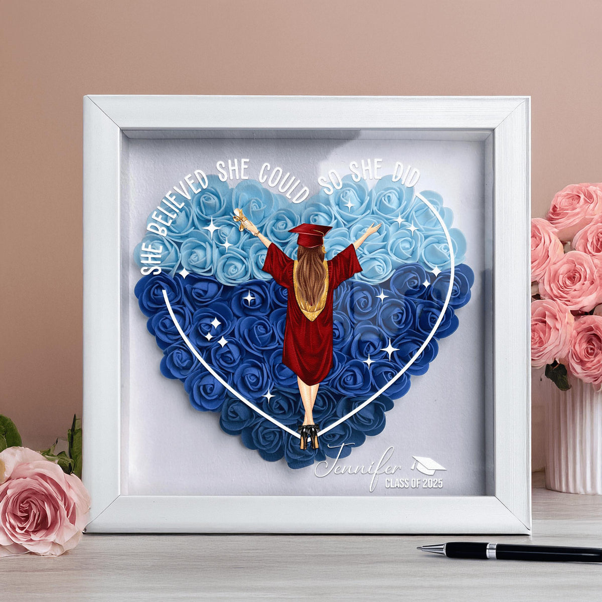 Class Of 2025 Graduation Gift So She Did - Personalized Flower Shadow Box