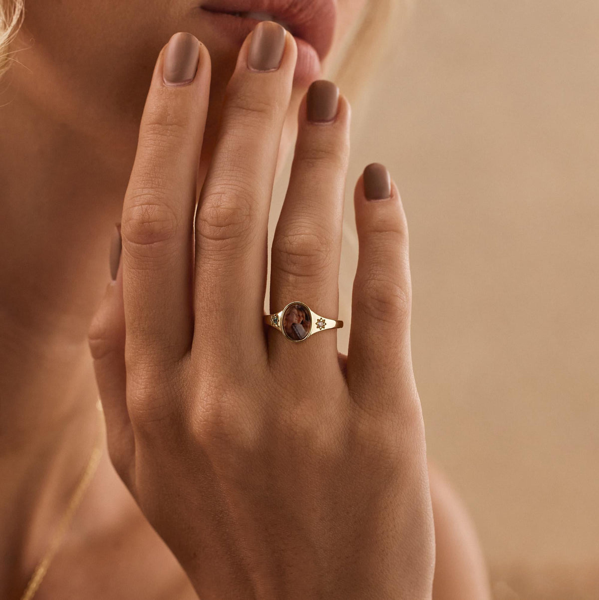 Oval Photo Ring With 2 Birthstones, Personalized Gift for Her