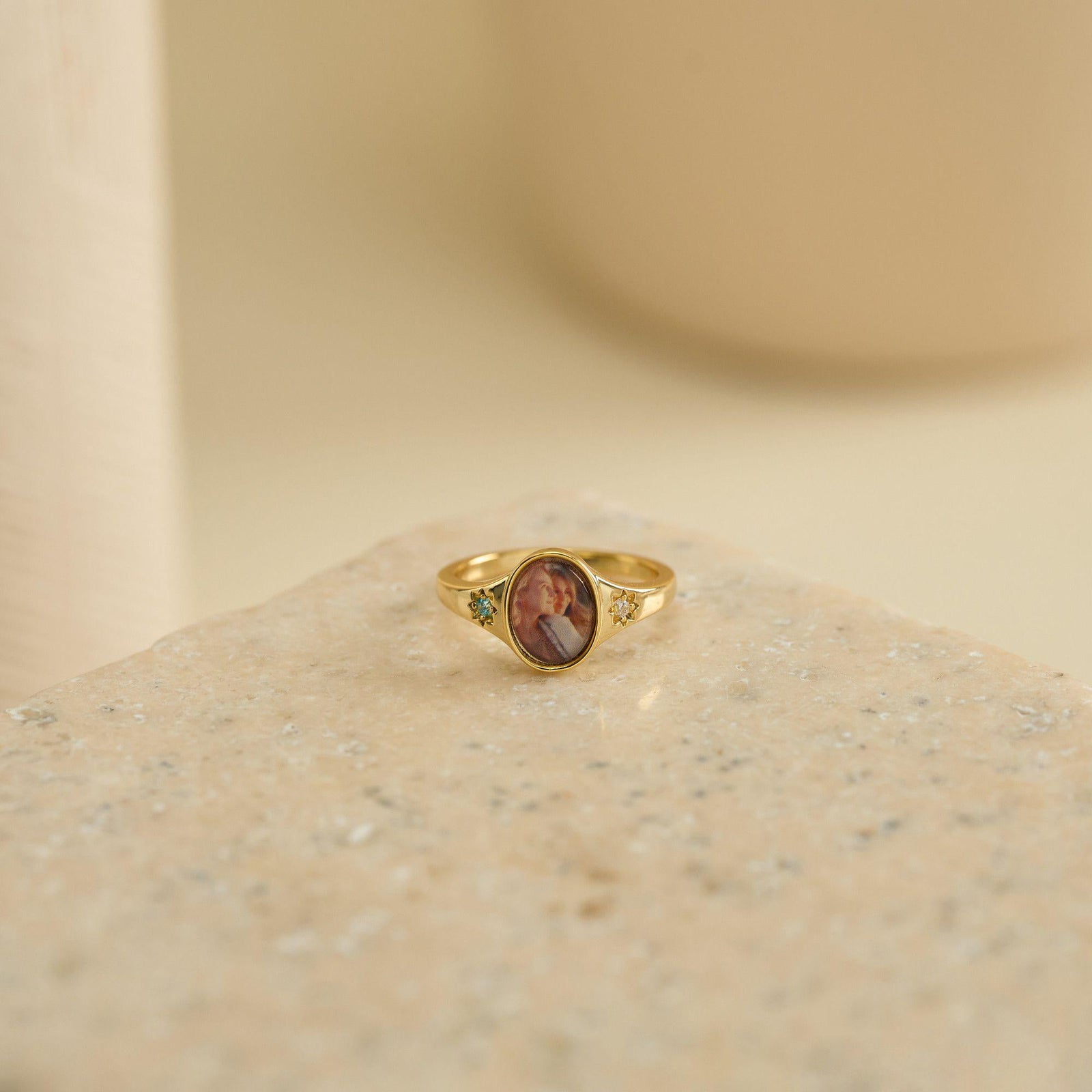 Oval Photo Ring With 2 Birthstones, Personalized Gift for Her