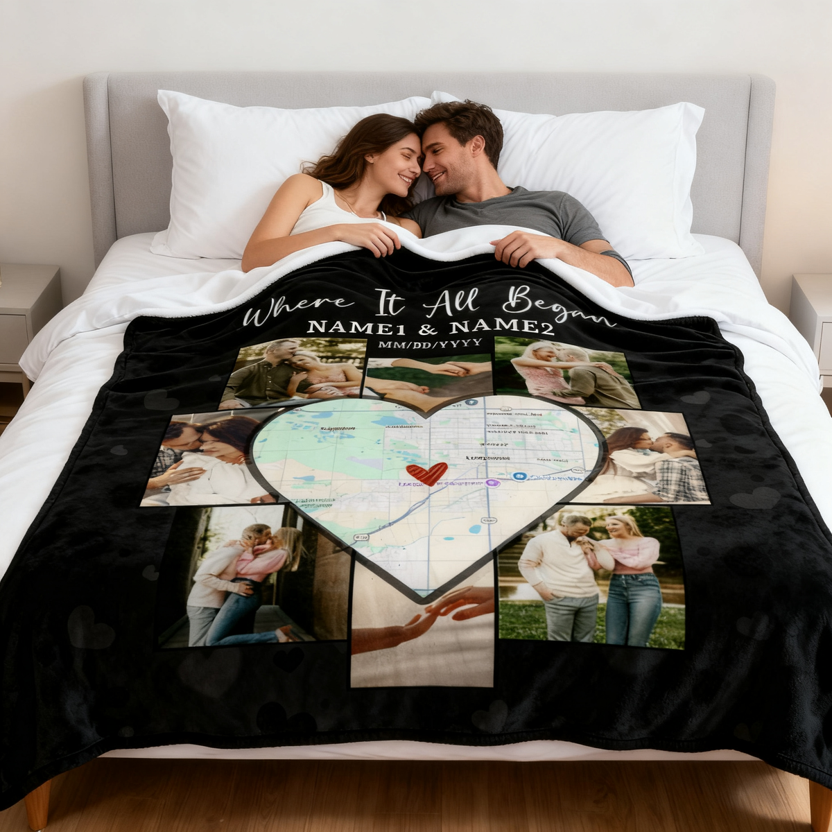 Custom Picture Collage Blanket With Location Map, Personalized Where It All Began Gift, Blankets For Couples
