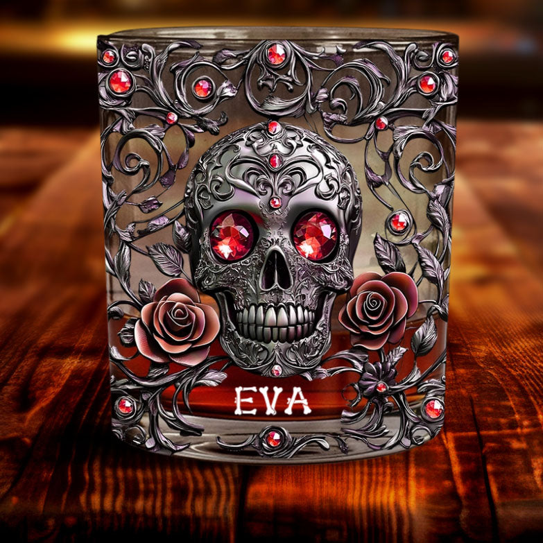 Beautiful Skull And Roses - Personalized Skull Whiskey Glass