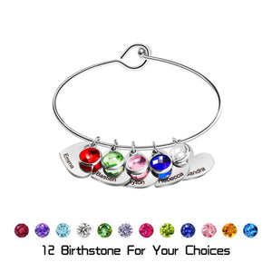 Personalized Name & Birthstone Family Bangle Heart Bracelet - For Mom/Grandma