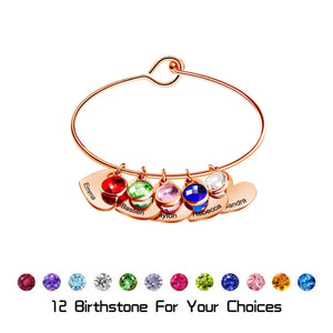 Personalized Name & Birthstone Family Bangle Heart Bracelet - For Mom/Grandma