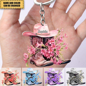 Blossom on the way,Personalized cowboy hat and Boot Twoside  Acrylic Keychain