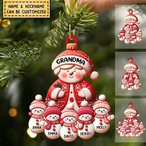 Christmas Red Themed Grandma Snowman With Little Snowman Kids Personalized Acrylic Ornament