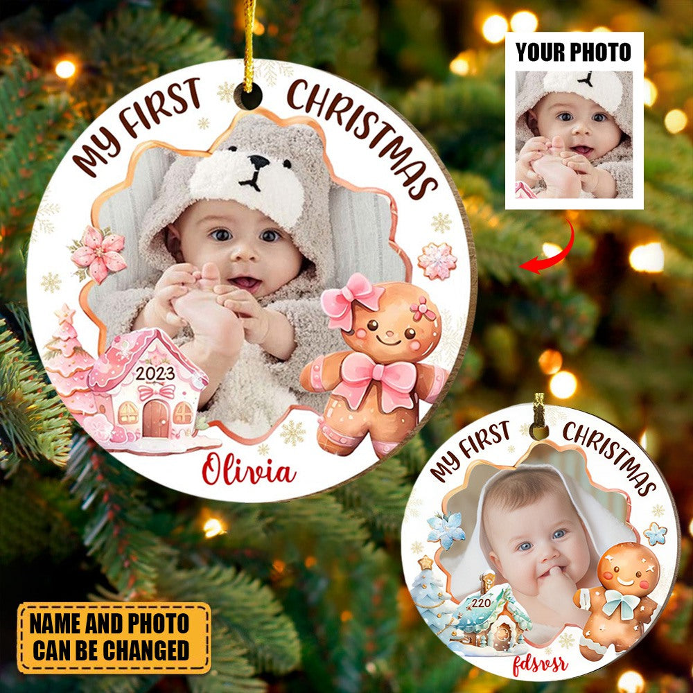 Gift For Baby First Gingerbread Upload Photo Circle Acrylic Ornament