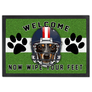 Personalized football doormat with your pup's face on a football helmet graphic