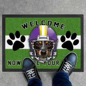 Personalized football doormat with your pup's face on a football helmet graphic