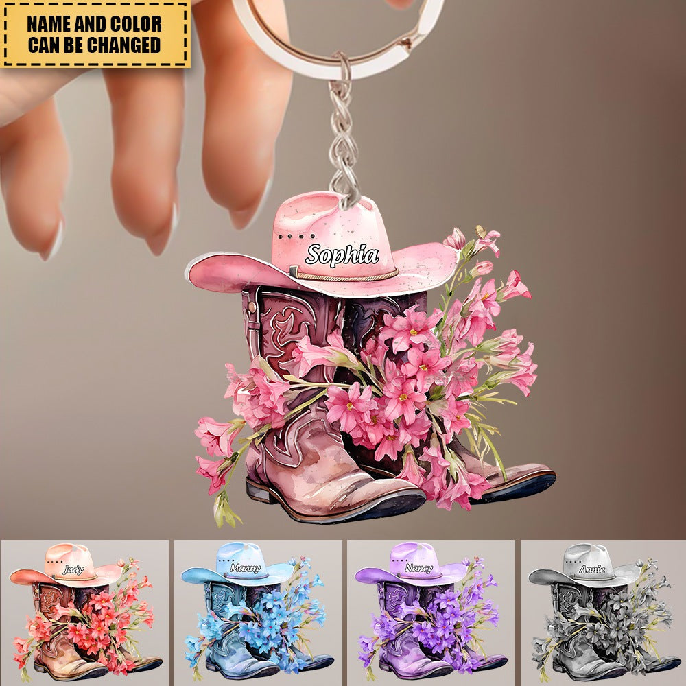 Blossom on the way,Personalized cowboy hat and Boot Twoside  Acrylic Keychain