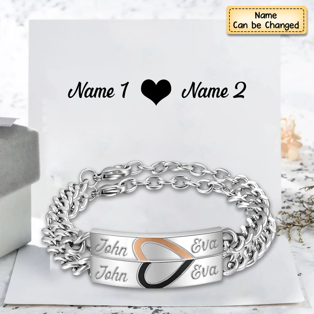 Personalized Heart Matching Bracelet Engraved 2 Texts Couple Bracelet Set