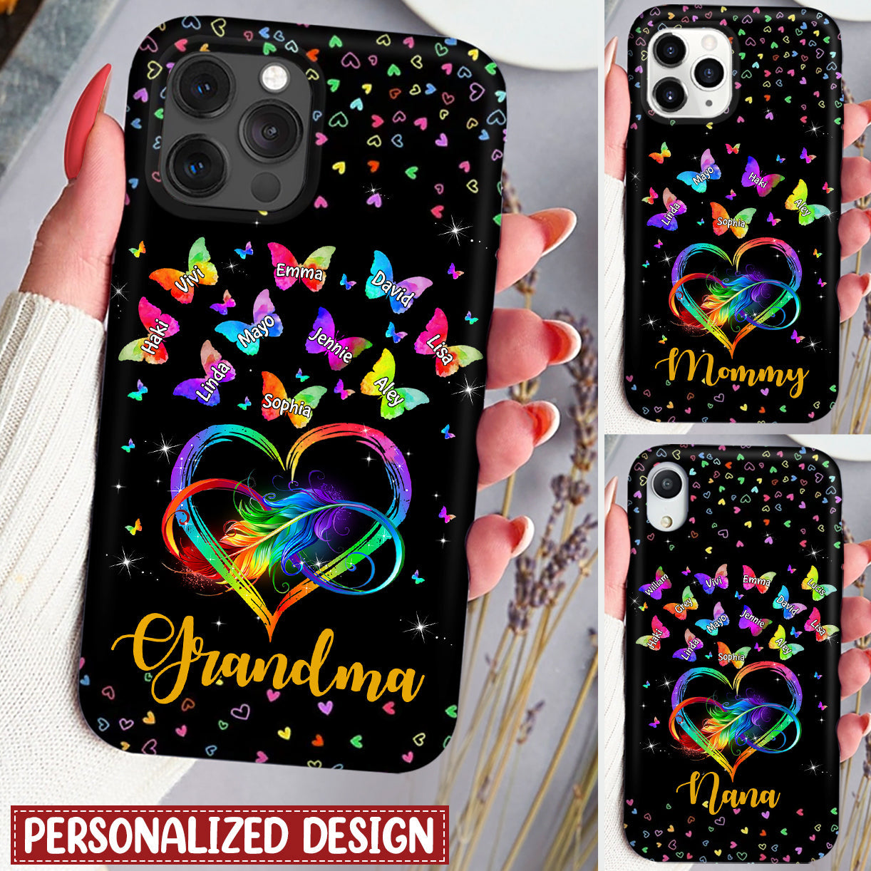 Personalized Colorful Rainbow Heart Infinity Grandma Mom Butterfly Kids Phone Case
