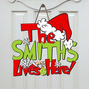 The Family Lives Here Christmas Personalized Wooden Door Hanger