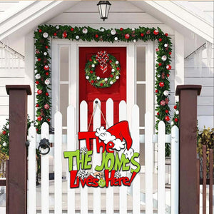 The Family Lives Here Christmas Personalized Wooden Door Hanger