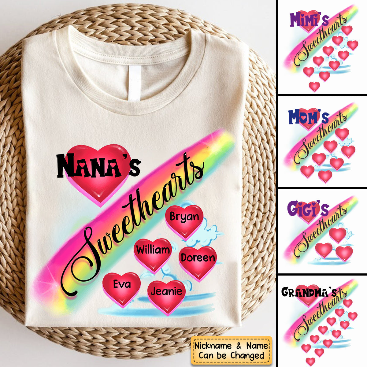 Personalized Grandma's Sweethearts Rainbow Heart 100% Pure Cotton T-Shirt