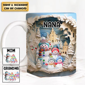 Blue Christmas Grandma Snowman With Little Snowman Kids Personalized Mug(No Really 3D)