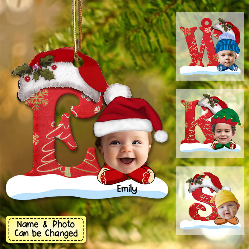 Personalized Monogram Alphabet With Kid's Name Upload Photo Acrylic Christmas Ornament