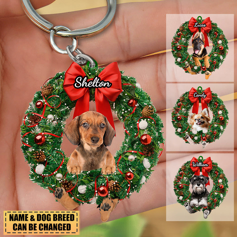 Personalized Dog & Christmas Wreath-Two Sided Keychain